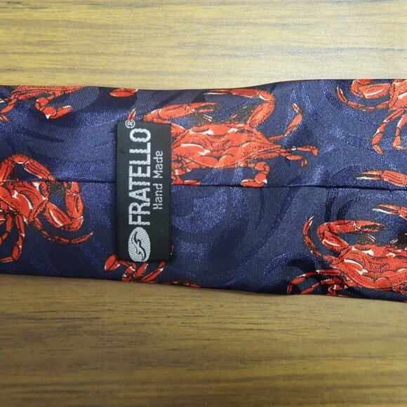 Men's Fratello Hand Made Navy Blue Tie with Red Crab Print - Picture 6 of 7